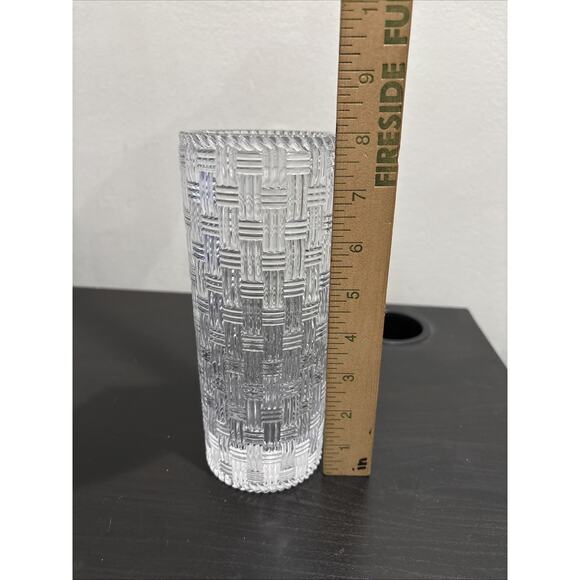 TIFFANY & CO Woven Basketweave Cylinder 8" Crystal Glass Vase Made In Germany - Picture 5 of 5
